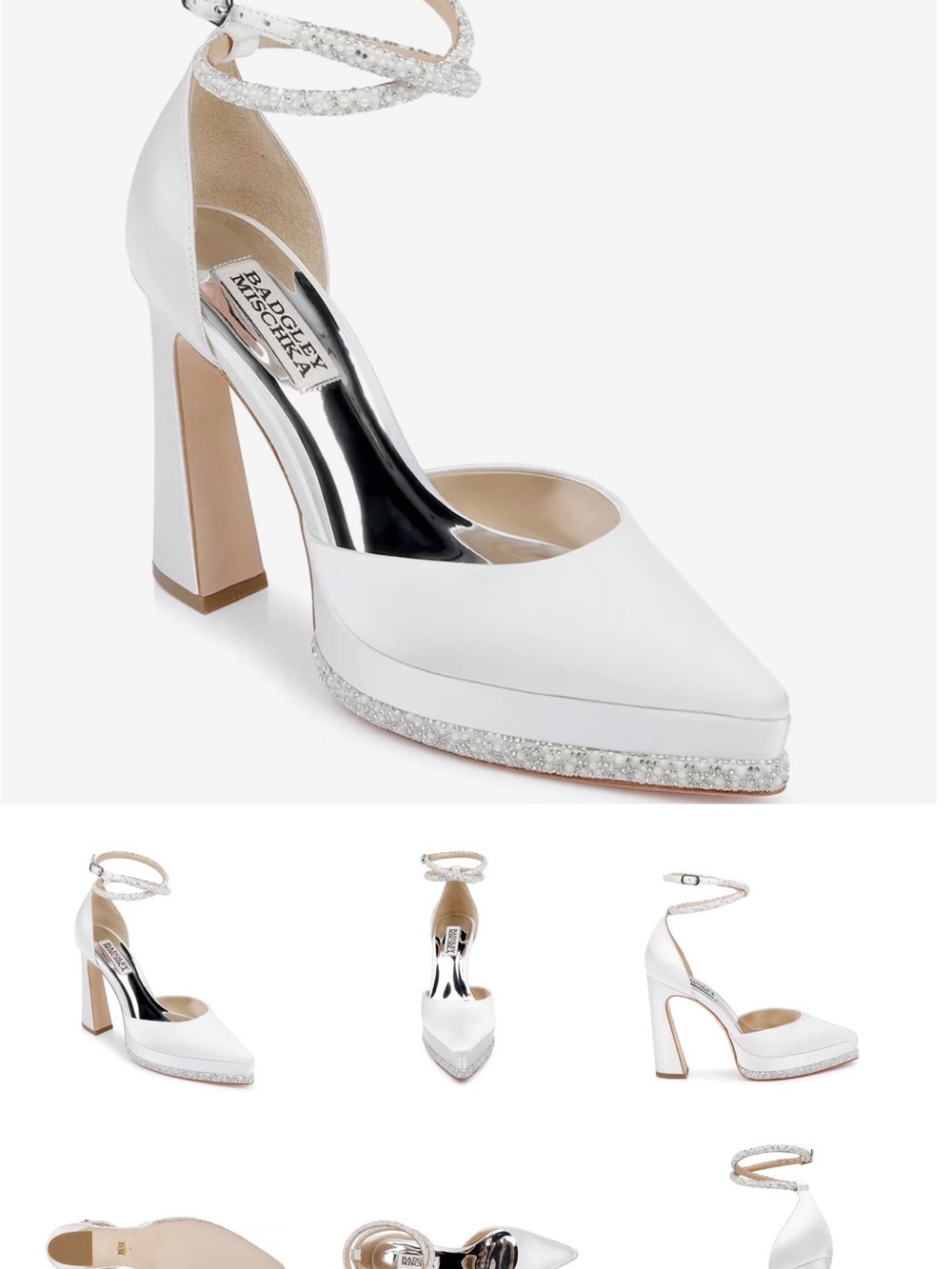 Badgley Mischka Eliana White Satin Platform Ankle-Strap Pump with Crystal Trim
